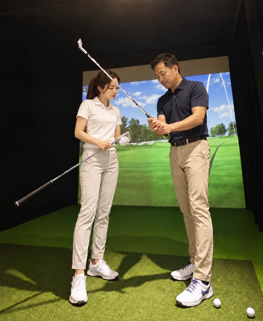 Illustration of a beginner learning a golf grip with a coach