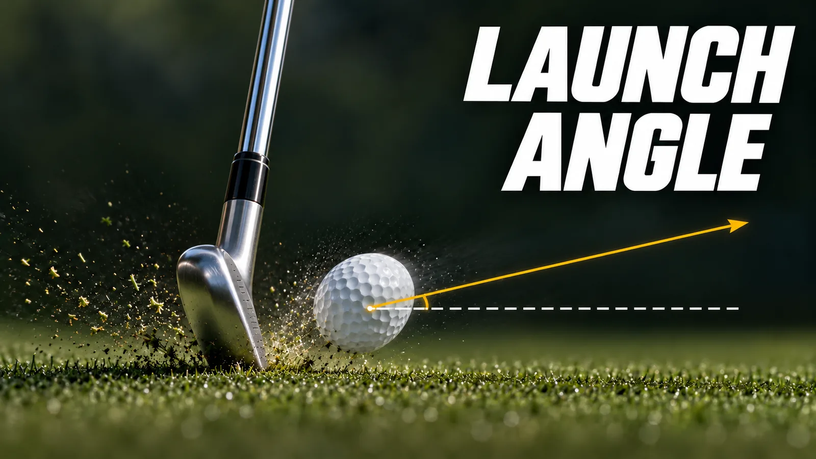 Illustration of an iron striking a golf ball, with a horizontal reference, upward flight ray and angle arc beneath the title LAUNCH ANGLE.