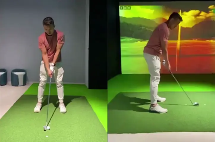 The same golf swing seen face on and down the line.