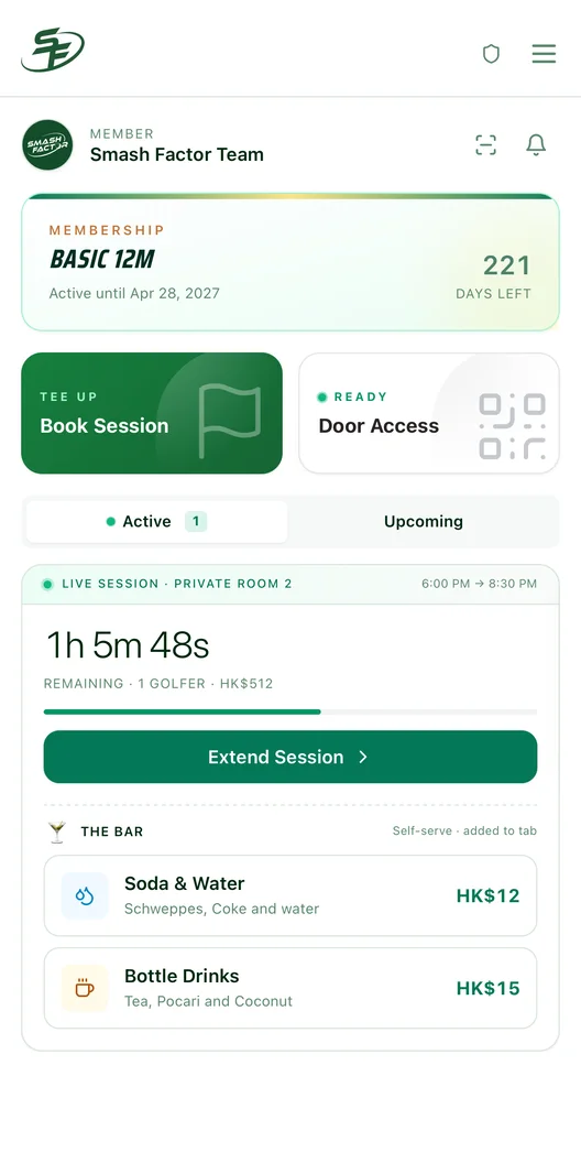 Smash Factor member app with Book Session, Door Access and active session controls