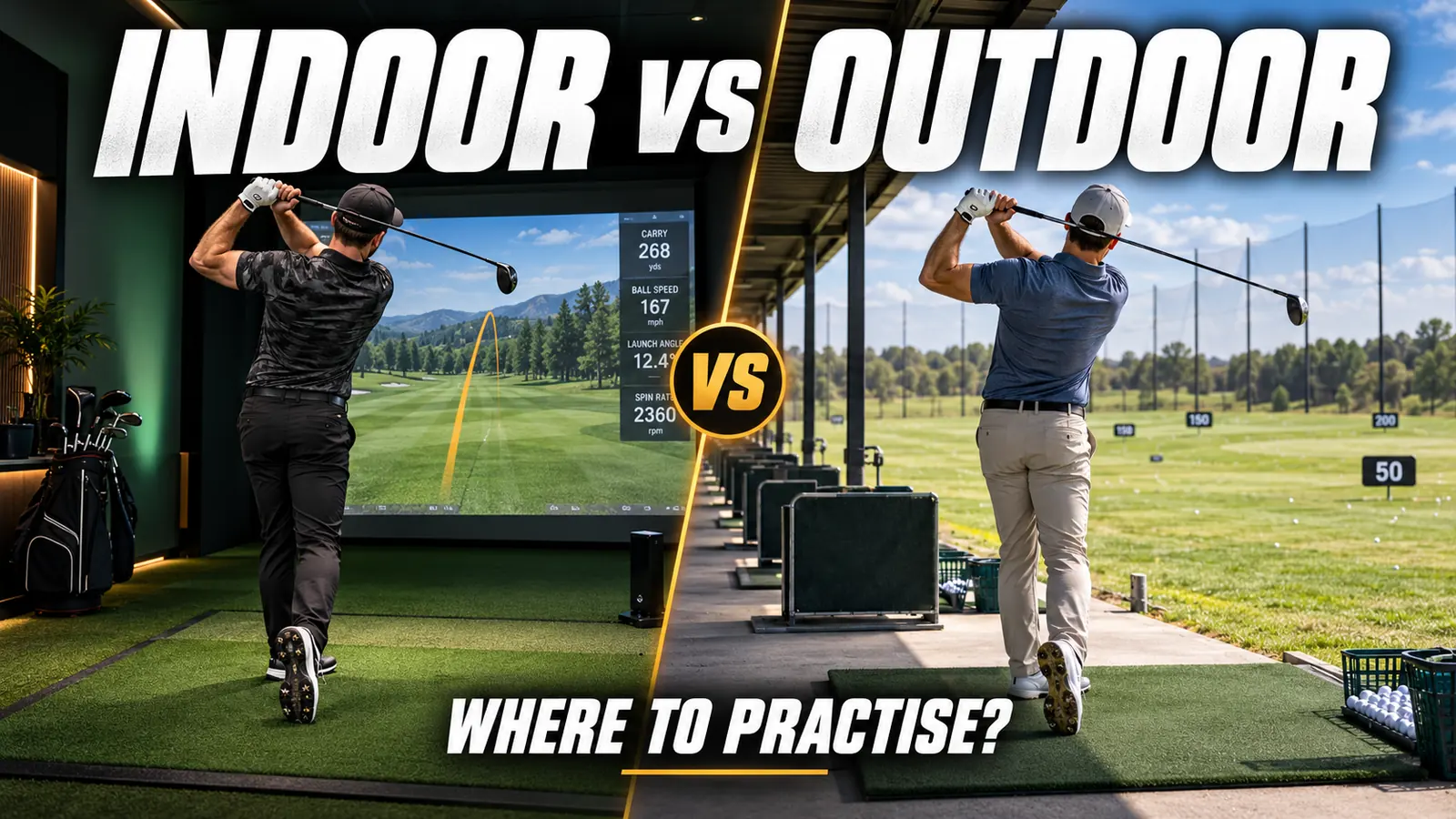 Illustrative split-screen of a golfer practising in an indoor simulator and a golfer at an outdoor driving range.