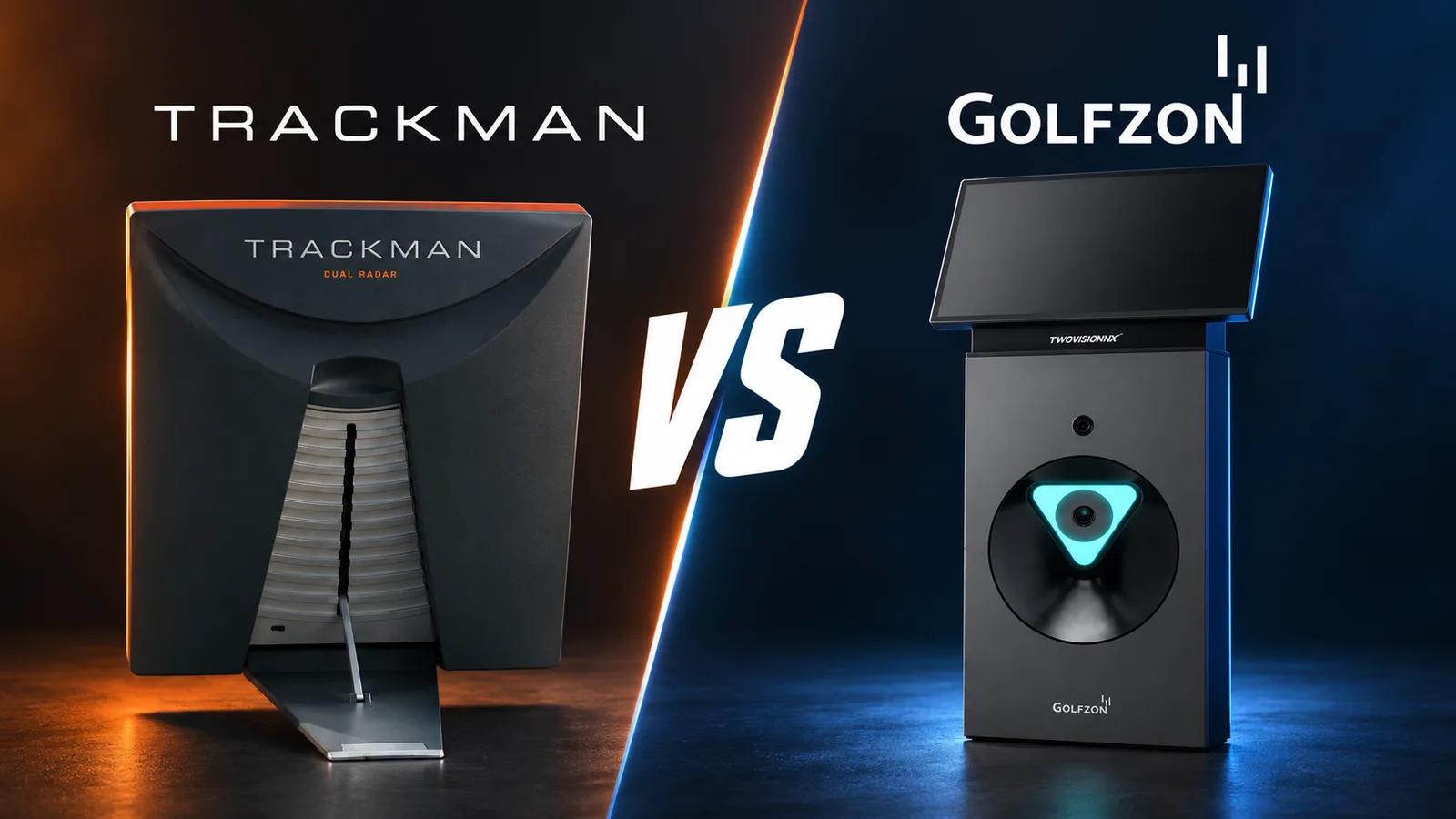 Trackman 4 and Golfzon TwoVision NX in a split-screen VS illustration.