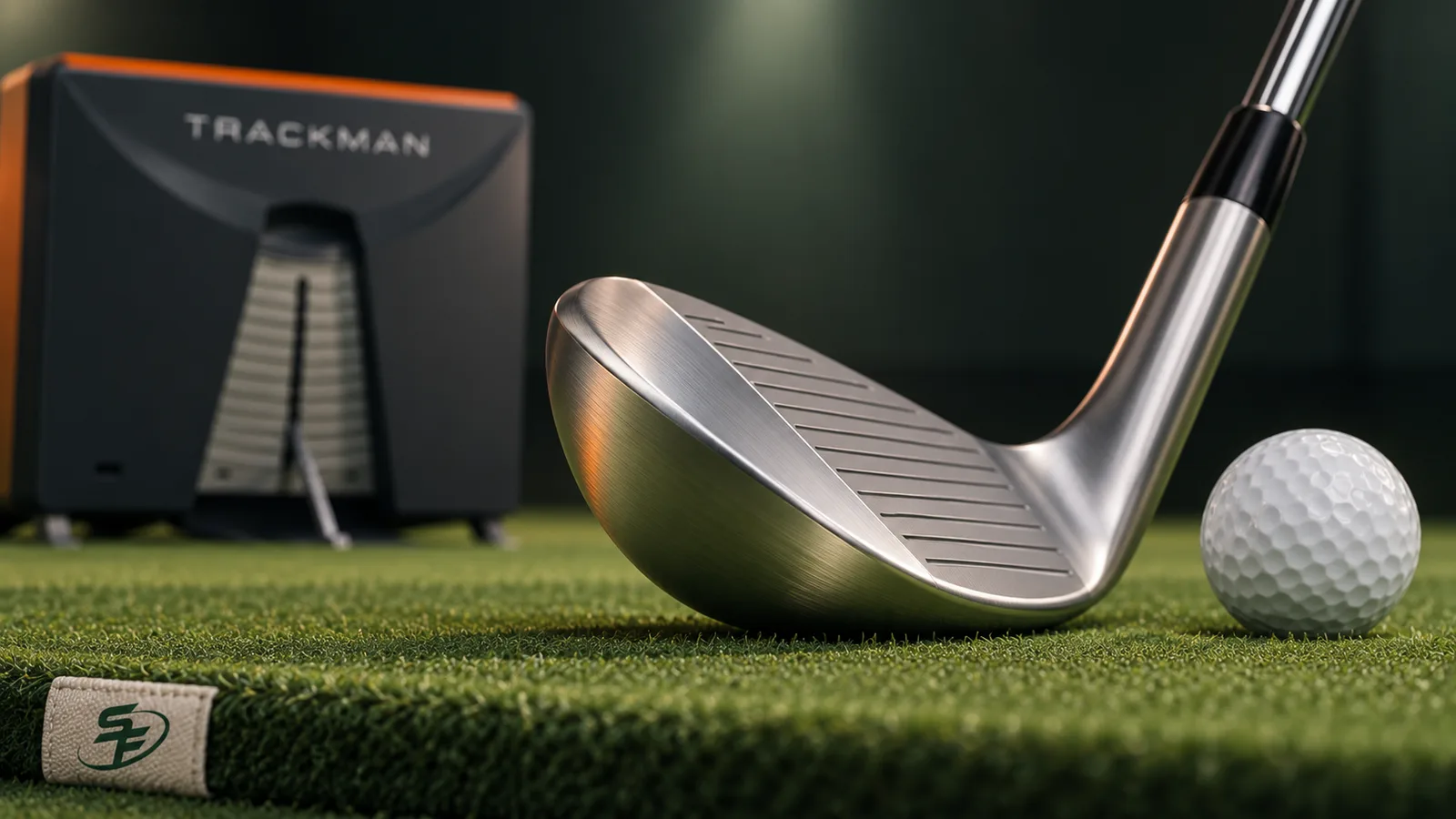 Editorial illustration of a wedge sole and golf ball, with Trackman 4 behind and a small SF logo on the practice mat.
